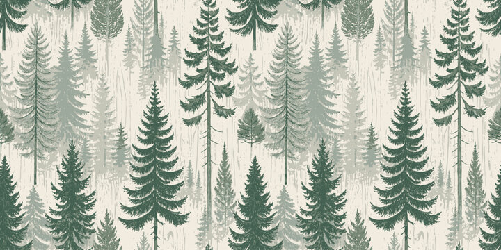A serene repeating pattern of tall evergreen trees against a light background Vector