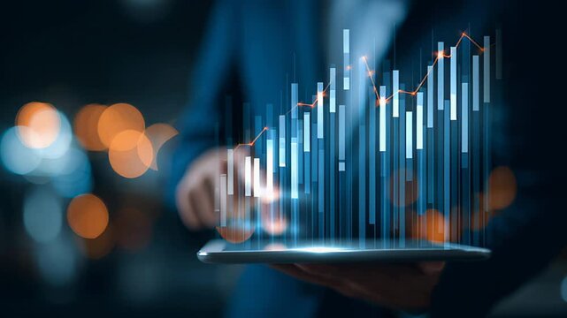 Digital financial charts hologram on tablet