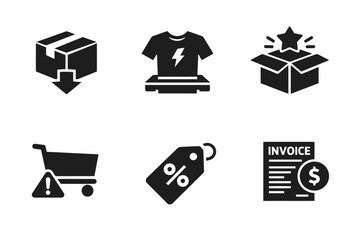 E-commerce icons: delivery box, t-shirt, star box, shopping cart, discount tag, invoice