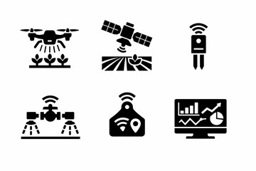 Precision agriculture technology icons: drone, satellite, sensor, data analytics