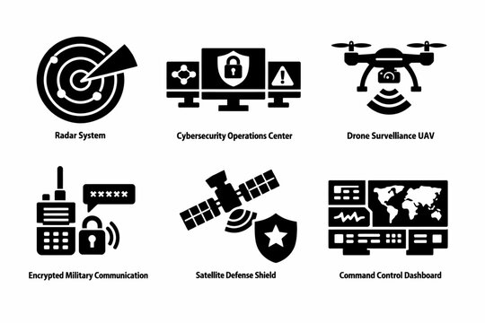 Radar system and cybersecurity icons featuring uav, satellite, and command control elements