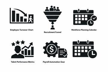Business strategy icons: employee turnover, recruitment funnel, calendar, performance metrics