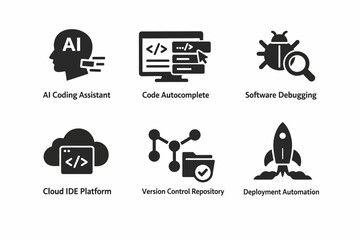 Ai-powered development tools icons: coding, debugging, and deployment automation