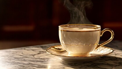 Fototapeta premium Elegant white and gold teacup with steam rising, sitting on a polished marble table.