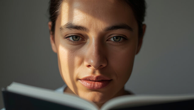 Young woman reading book with soft window light on face, focused thoughtful expression