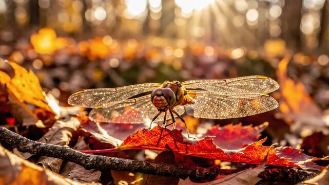 Dragonfly resting on red autumn leaf in vibrant golden sunlight with stunning forest bokeh background