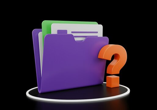 3D illustration of purple file folder with question mark on black background  office supplies and stationery concept