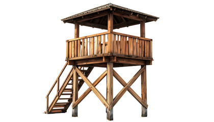 Wooden observation tower, featuring stairs, a platform, and a gabled roof
