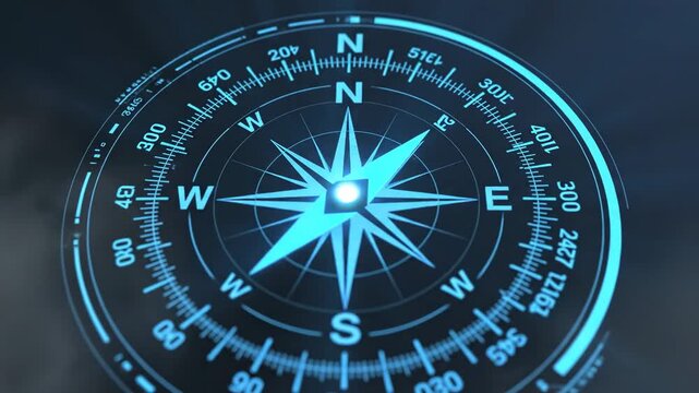 Futuristic digital compass with glowing blue light and detailed navigation markings