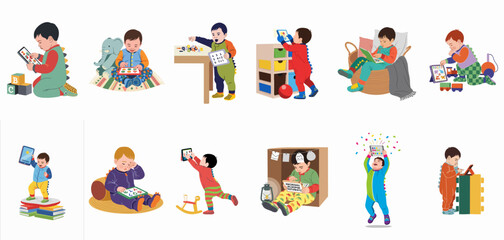 Fototapeta premium Children's Early Learning Adventures: Toddlers in Pajamas Engaging with Educational Tablets and Playful Activities for Development.