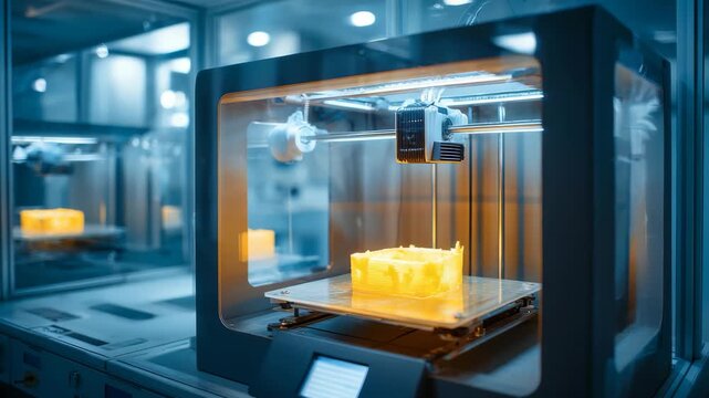 Modern 3D printer creating a detailed yellow plastic model in a high tech laboratory environment. Advanced additive manufacturing technology revolutionizes rapid prototyping and production