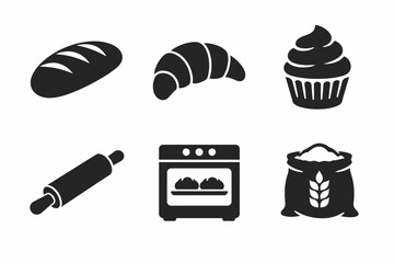 Bakery icons: bread, croissant, cupcake, rolling pin, oven, flour sack
