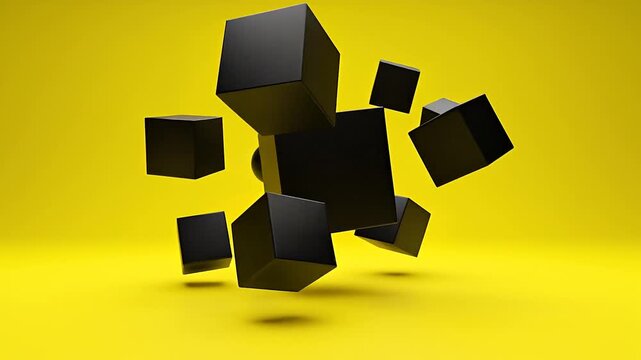 A vibrant abstract piece in a minimalist vibe, featuring contrasting colors and basic geometric forms that shift dynamically in space. The yellow backdrop stands out against the black.