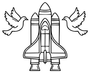 Stylized outline of a space shuttle with two doves flying on either side, representing peace in space exploration.