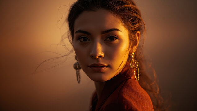 Golden portrait of young woman wearing ornate earrings with soft warm lighting and moody