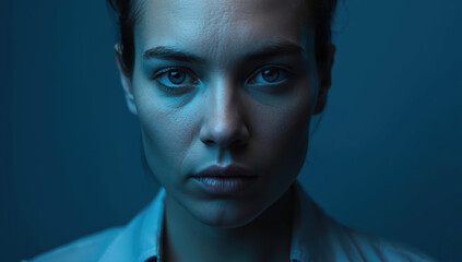 Obraz premium Young woman portrait with soft blue lighting and neutral expression