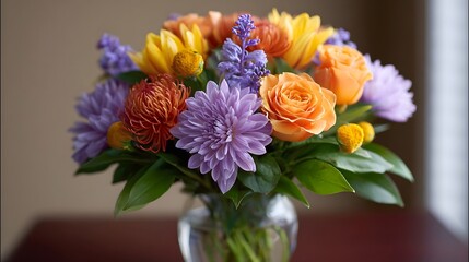 Fototapeta premium A vibrant bouquet of orange roses purple chrysanthemums and yellow flowers in a glass vase