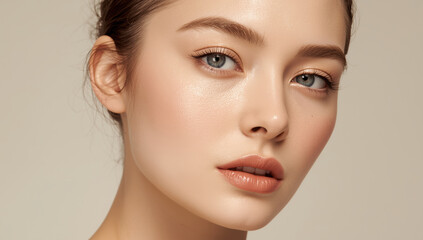 Fototapeta premium Radiant young woman portrait with dewy skin and neutral makeup, soft pastel tones