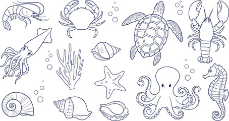 Collection of sea animal outlines featuring octopus sea turtle lobster crab squid and seashells for nautical underwater ocean life design projects © mstHasina