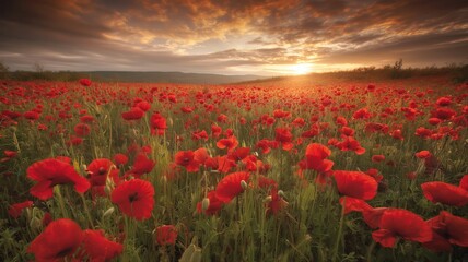 Stunning field of red poppies at golden hour, symbolizing Remembrance Day and Liberation Day, perfect for commemorative and inspirational commercial projects, featuring 25 April, Italy, Poland