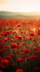 Vibrant red poppy field at golden hour, symbolizing Remembrance Day and Liberation Day, perfect for commemorative and inspirational commercial projects, 25 April, featuring Italy, Poland