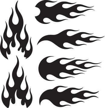 Flame decal. Fire abstract black silhouette flames for race car or tattoo. Tribal flame hotrod car vinyl decals and motorcycle airbrush stencil. Burning element vector set no Background