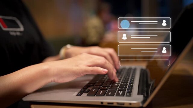 A person's hands hold a labtop, with translucent speech bubbles layered above, suggesting a messaging or chat interface. The focus is on the interactive nature of mobile communication.