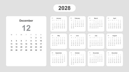 2028 calendar template with clean and modern minimal design, week starting Monday.
