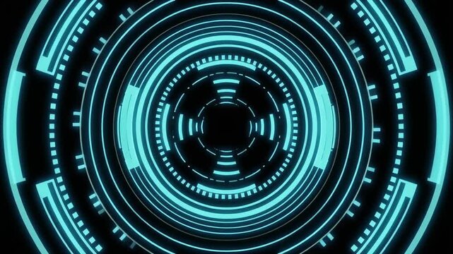 Futuristic layered circular meters cyan holographic light patterns rotating arcs seamless surreal ambience cascading softly abstract unique style ultra realistic cinematic loop