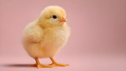 Obraz premium Cute fluffy yellow chick standing on pink background, Easter concept, newborn baby chicken, minimal studio portrait.