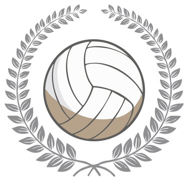 Stylized volleyball icon surrounded by a classic laurel wreath symbolizing sports achievement and triumph