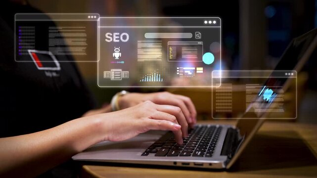 Close up of hands typing on laptop keyboard with SEO and AI chatbot interface, digital marketing optimization and data analysis concept for business growth.