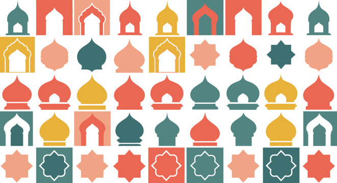 Collection of Islamic Architectural Elements and Symbols in Vibrant Colors.
