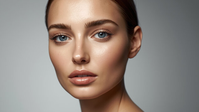 Radiant female portrait with blue eyes and flawless skin, soft studio lighting, serene expression