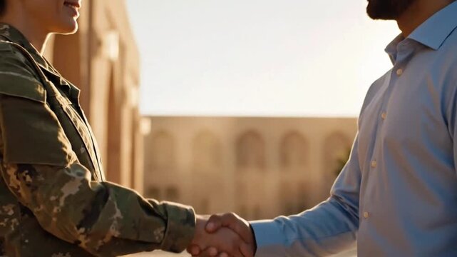 Handshake between military member and civilian during meeting in outdoor setting at sunset