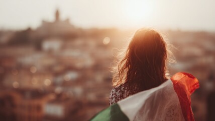 Evocative scene of Liberation Day on 25 April, featuring an Italian flag and cityscape at sunset, perfect for commercial projects celebrating freedom and heritage