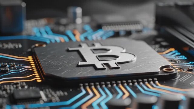 Close-up of Bitcoin symbol on a computer motherboard with glowing circuits