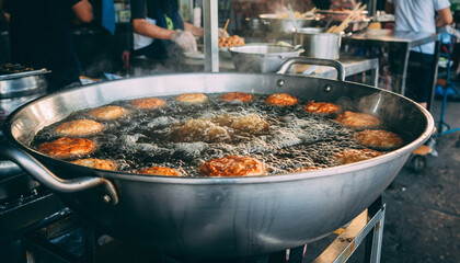 Traditional vegetable fritters frying in a large pot of boiling oil outdoors