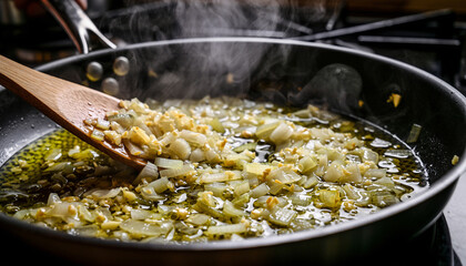 Chopped onions and minced garlic saut�ing in olive oil in a stainless steel pan