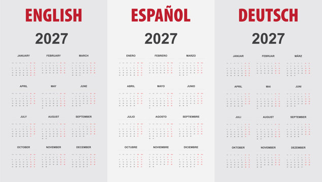 2027 trilingual calendar template with week starting Monday, displaying months and weekdays in English, Spanish, and German.