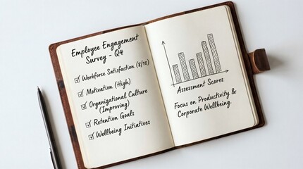 Naklejka premium Employee Engagement Survey Handwritten Notebook Workforce Satisfaction Motivation Organizational Culture Retention Productivity Wellbeing