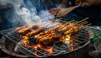 Smoking charcoal grill with pork skewers cooking at a traditional Thai street vendor stall