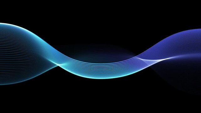 A futuristic abstract blue wave design features flowing curves and glowing light lines against a black backdrop, creating a motion pattern of energy and smoke-like texture in a vector art wallpaper