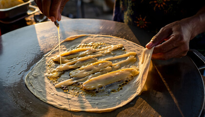 Street vendor frying crispy roti dough with banana and condensed milk