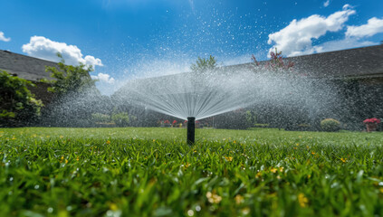 Naklejka premium Lawn sprinkler green grass blue sky sprinkler head watering garden under sunny sky