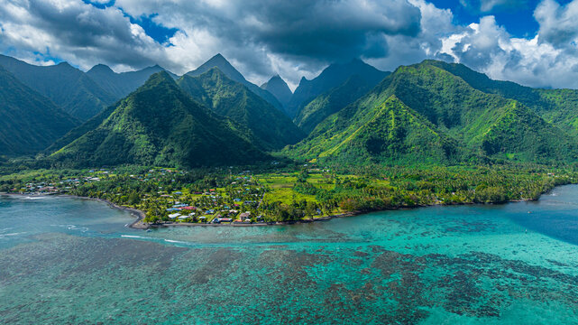 Aerial view of Tahit Iti with mountains and lagoon in French Polynesia