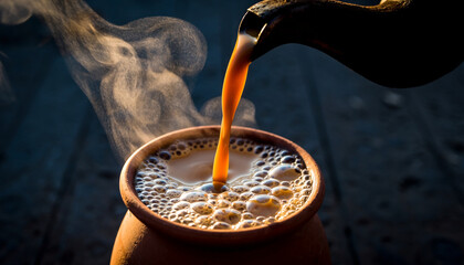 Pouring masala chai into clay kulhad cup with steam rising at tea stall