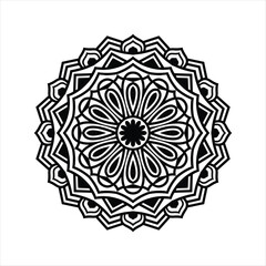Fototapeta premium Intricate black and white mandala with floral and geometric patterns. Perfect for coloring books, meditation themes, and decorative backgrounds.
