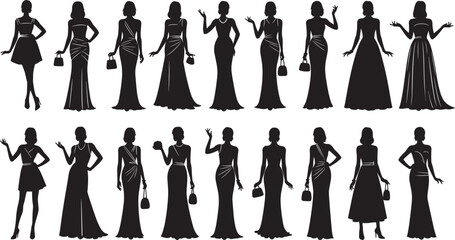 Vector collection of elegant women silhouettes wearing evening gowns, cocktail dresses, and formal prom outfits isolated on white background for fashion design. (22 words) © prof.design