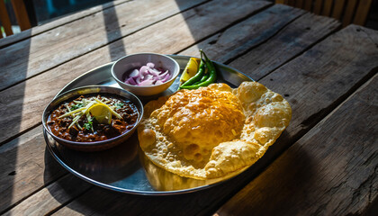 Fluffy bhatura bread next to spicy chole curry bowl on rustic table